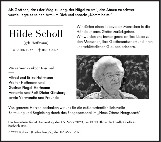 Traueranzeige von Hilde Scholl von Siegener Zeitung
