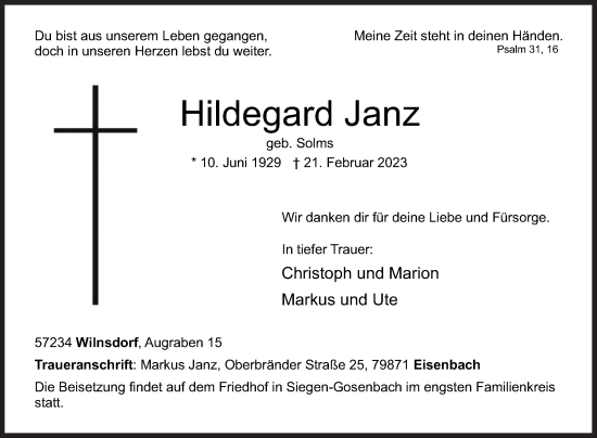 Traueranzeige von Hildegard Janz von Siegener Zeitung