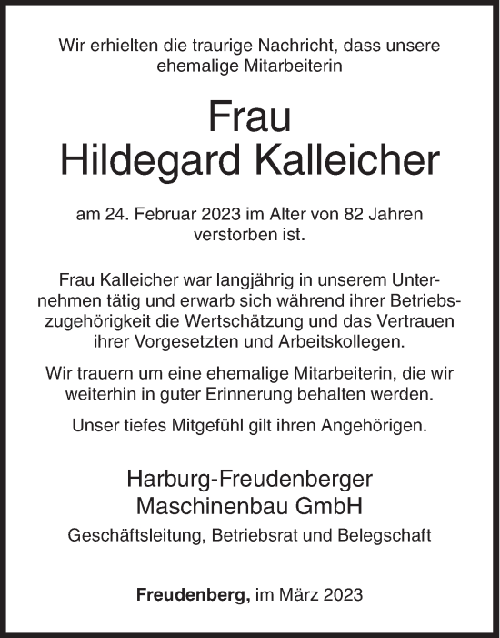 Traueranzeige von Hildegard Kalleicher von Siegener Zeitung