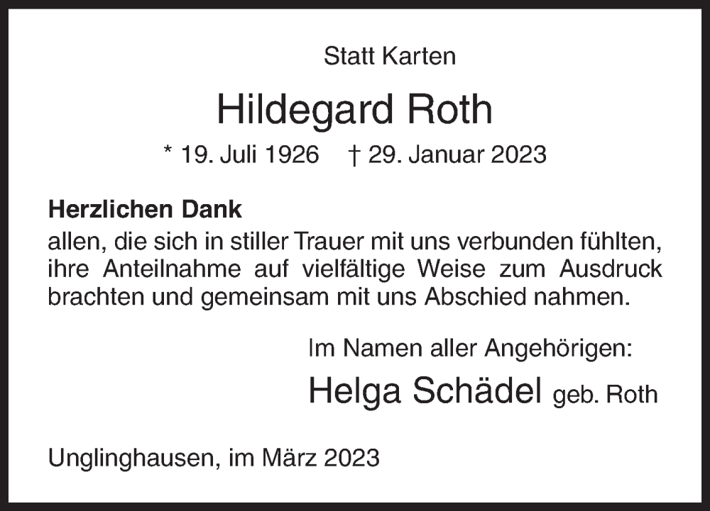  Traueranzeige für Hildegard Roth vom 18.03.2023 aus Siegener Zeitung
