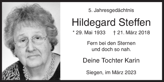 Traueranzeige von Hildegard Steffen von Siegener Zeitung
