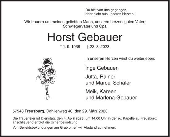 Traueranzeige von Horst Gebauer von Siegener Zeitung