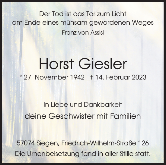 Traueranzeige von Horst Giesler von Siegener Zeitung