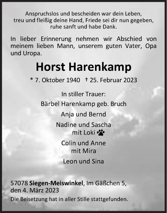 Traueranzeige von Horst Harenkamp von Siegener Zeitung