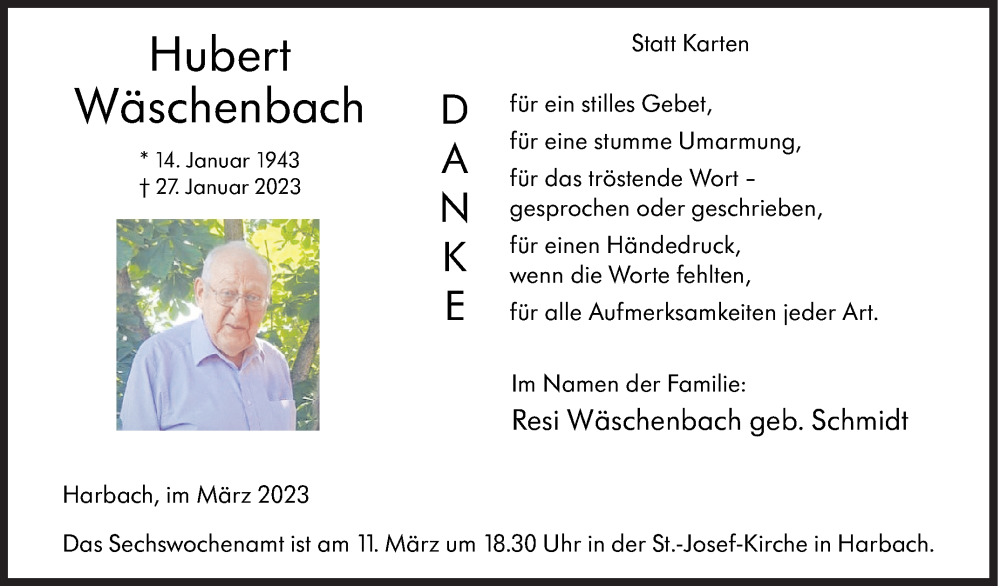  Traueranzeige für Hubert Wäschenbach vom 04.03.2023 aus Siegener Zeitung