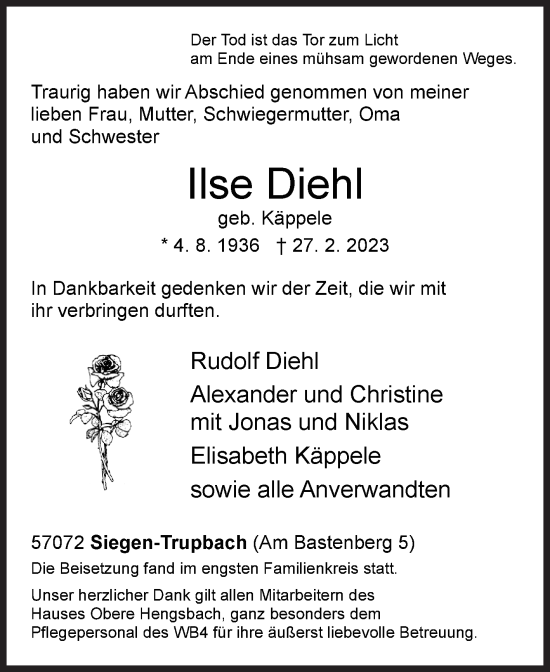 Traueranzeige von Ilse Diehl von Siegener Zeitung