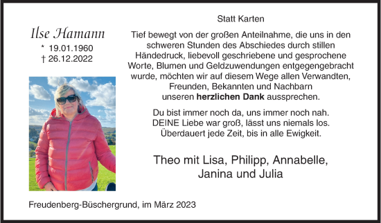 Traueranzeige von Ilse Hamann von Siegener Zeitung
