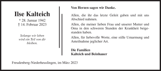 Traueranzeige von Ilse Kalteich von Siegener Zeitung