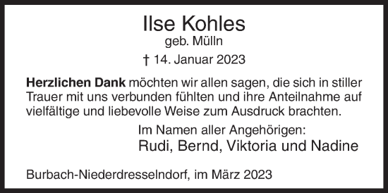 Traueranzeige von Ilse Kohles von Siegener Zeitung