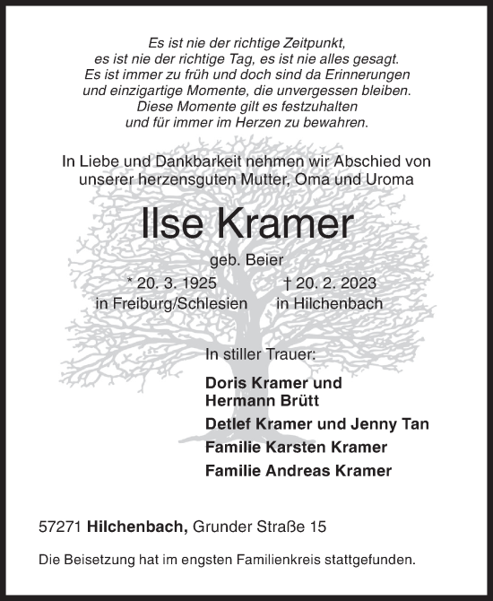Traueranzeige von Ilse Kramer von Siegener Zeitung