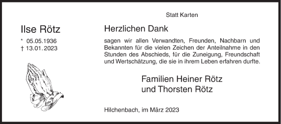 Traueranzeige von Ilse Rötz von Siegener Zeitung