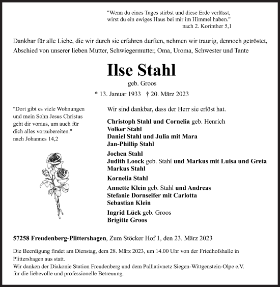 Traueranzeige von Ilse Stahl von Siegener Zeitung