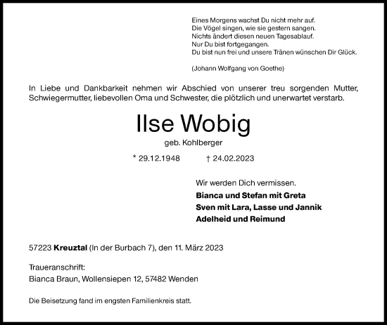 Traueranzeige von Ilse Wobig von Siegener Zeitung