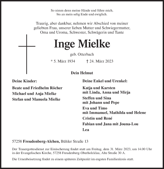 Traueranzeige von Inge Mielke von Siegener Zeitung