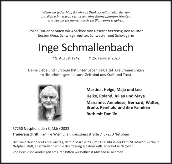 Traueranzeige von Inge Schmallenbach von Siegener Zeitung