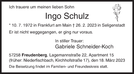 Traueranzeige von Ingo Schulz von Siegener Zeitung