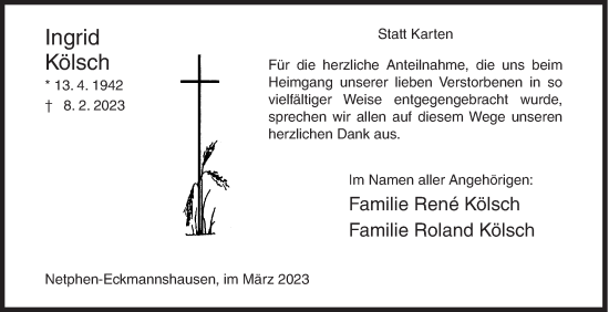 Traueranzeige von Ingrid Kölsch von Siegener Zeitung