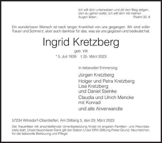 Traueranzeige von Ingrid Kretzberg von Siegener Zeitung