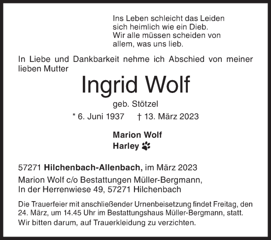 Traueranzeige von Ingrid Wolf von Siegener Zeitung