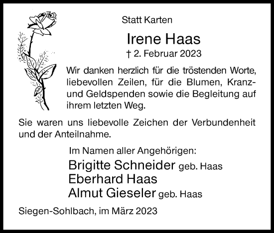 Traueranzeige von Irene Haas von Siegener Zeitung