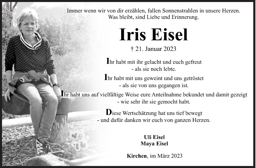  Traueranzeige für Iris Eisel vom 18.03.2023 aus Siegener Zeitung
