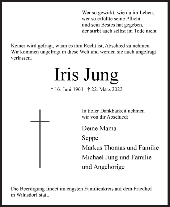 Traueranzeige von Iris Jung von Siegener Zeitung