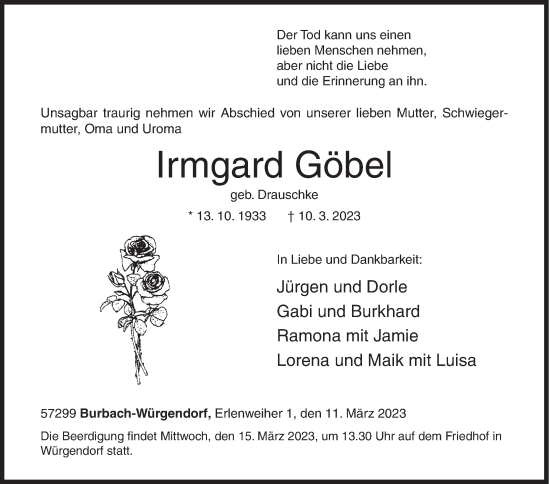 Traueranzeige von Irmgard Göbel von Siegener Zeitung