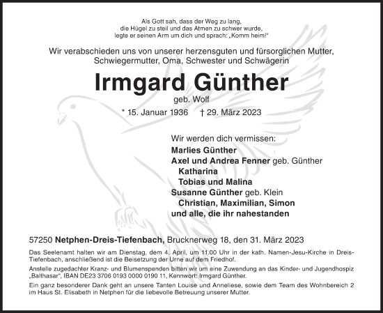 Traueranzeige von Irmgard Günther von Siegener Zeitung