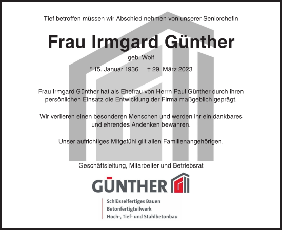 Traueranzeige von Irmgard Günther von Siegener Zeitung