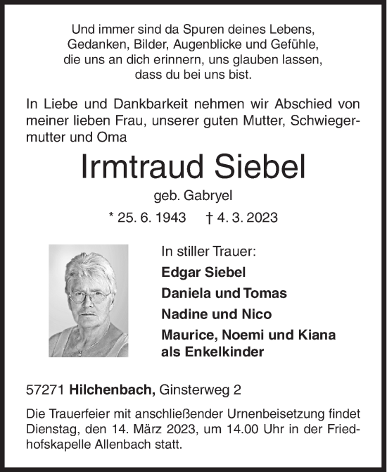 Traueranzeige von Irmtraud Siebel von Siegener Zeitung