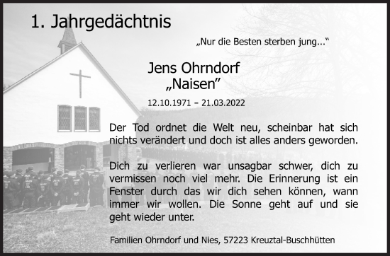Traueranzeige von Jens Ohrndorf von Siegener Zeitung