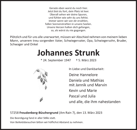 Traueranzeige von Johannes Strunk von Siegener Zeitung