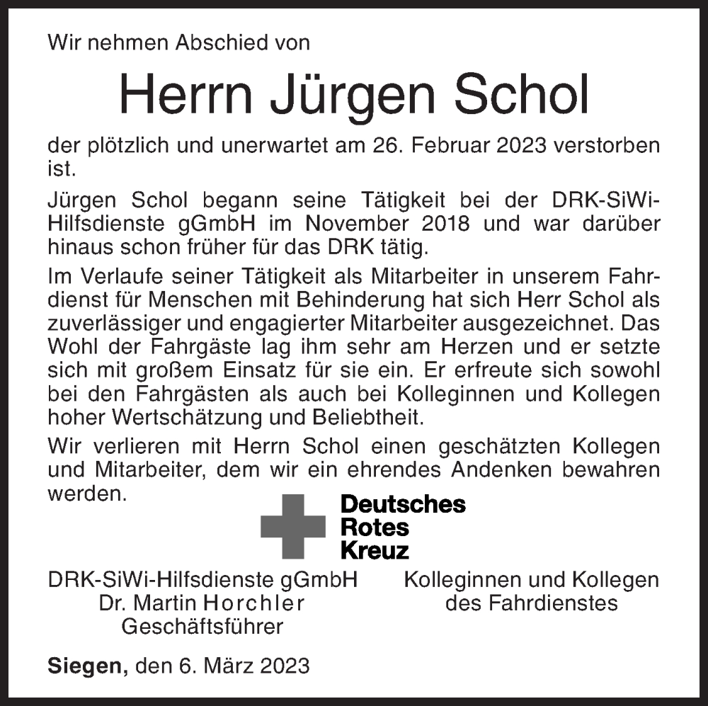  Traueranzeige für Jürgen Schol vom 06.03.2023 aus Siegener Zeitung
