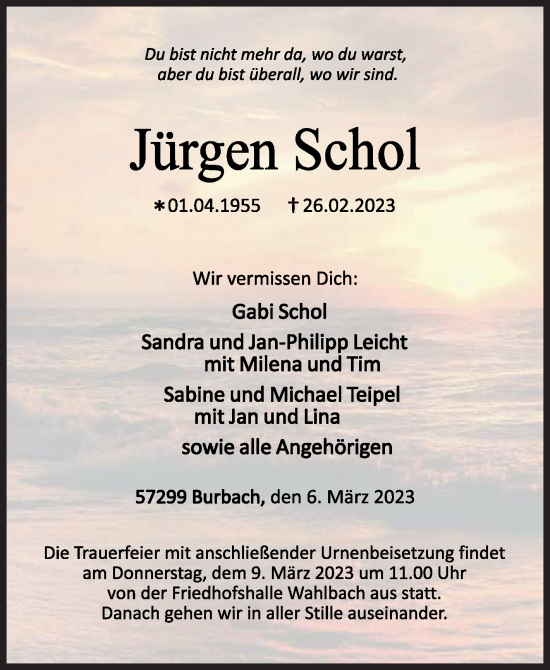 Traueranzeige von Jürgen Schol von Siegener Zeitung