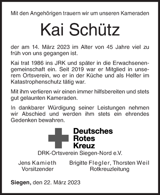 Traueranzeige von Kai Schütz von Siegener Zeitung