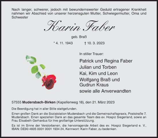 Traueranzeige von Karin Faber von Siegener Zeitung