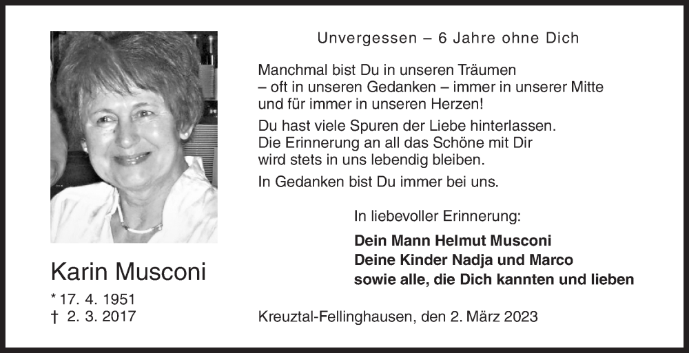  Traueranzeige für Karin Musconi vom 02.03.2023 aus Siegener Zeitung