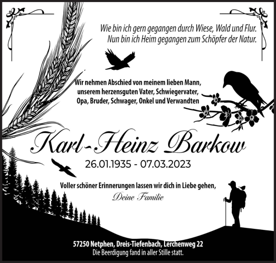 Traueranzeige von Karl-Heinz Barkow von Siegener Zeitung