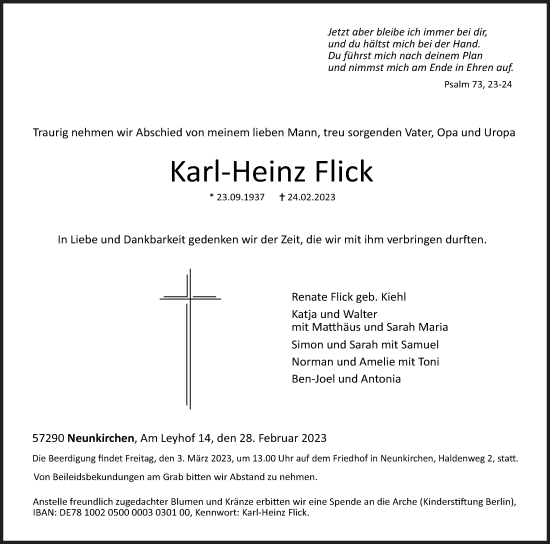 Traueranzeige von Karl-Heinz Flick von Siegener Zeitung