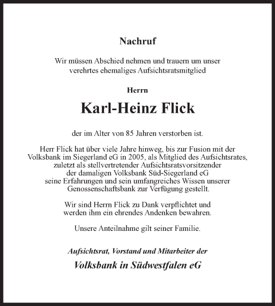 Traueranzeige von Karl-Heinz Flick von Siegener Zeitung