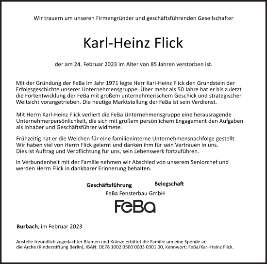 Traueranzeige von Karl-Heinz Flick von Siegener Zeitung