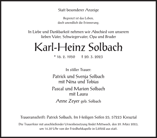 Traueranzeige von Karl-Heinz Solbach von Siegener Zeitung