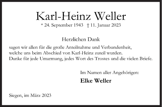 Traueranzeige von Karl-Heinz Weller von Siegener Zeitung
