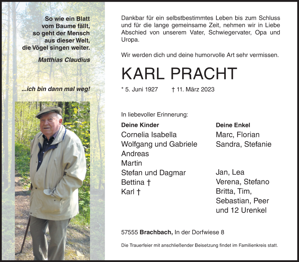  Traueranzeige für Karl Pracht vom 15.03.2023 aus Siegener Zeitung