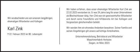 Traueranzeige von Karl Zink von Siegener Zeitung