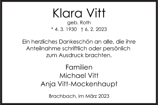Traueranzeige von Klara Vitt von Siegener Zeitung