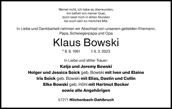 Traueranzeige von Klaus Bowski von Siegener Zeitung