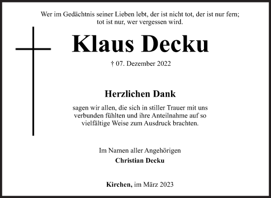 Traueranzeige von Klaus Decku von Siegener Zeitung