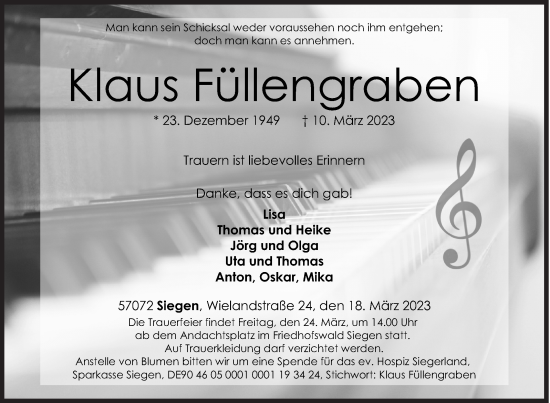Traueranzeige von Klaus Füllengraben von Siegener Zeitung