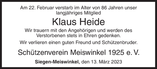 Traueranzeige von Klaus Heide von Siegener Zeitung